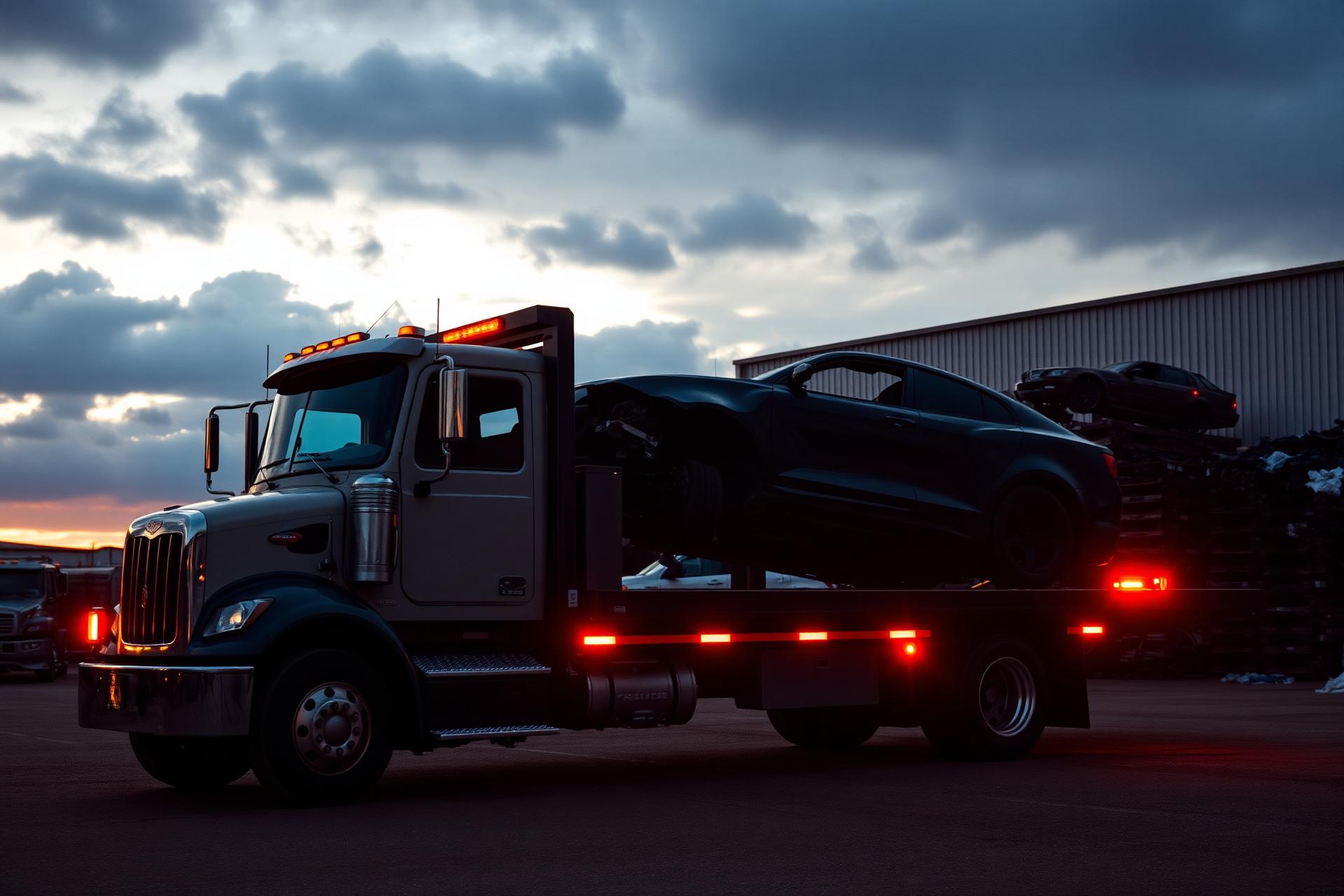 Flatbed tow truck loading a junk car at a Michigan automotive recycling yard